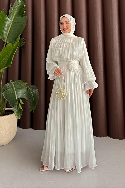 Rimel Moda Maria İpek Taşlı Elbise Beyaz