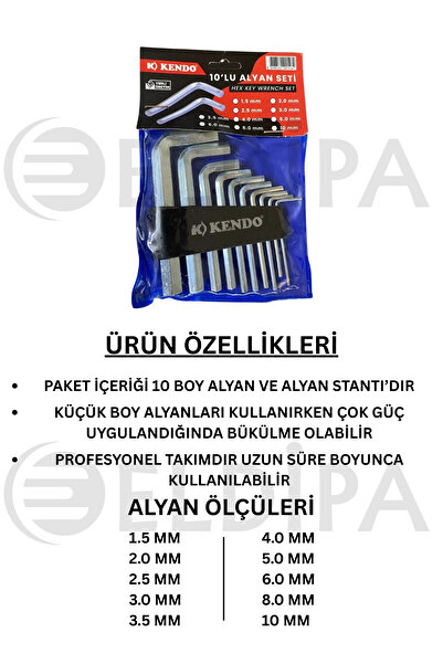 ELDİPA 10'lu Alyan Anahtar Seti – 6 Köşeli Kısa Boy Alyan Takımı