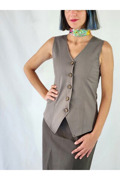 YAXİ V Neck Khaki Woven Vest Without Lining