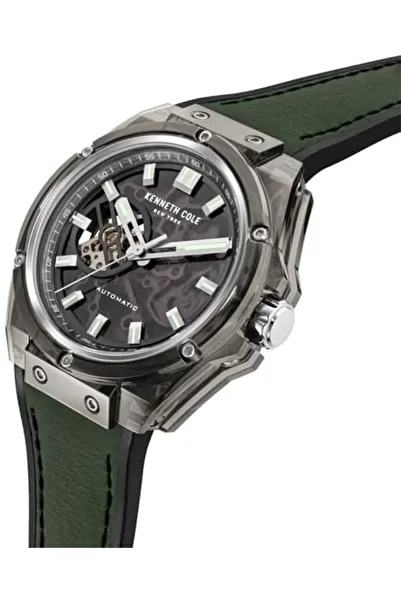 Kenneth Cole New York 44mm Automatic Men's Watch with Translucent Black Dial & Green, Black Silicone