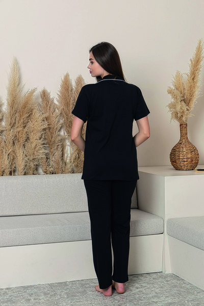 Line Smart Women's 100% Cotton Piping High Quality Shirt Collar Button Short Sleeve Battal Pajama Set