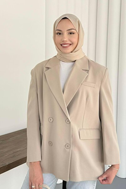 Modaensarbutik Kruvaze Yaka Düğmeli Blazer Ceket-TAŞ