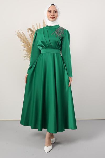 GİYZAMİLA Shoulder Stoned Satin Evening Dress Green