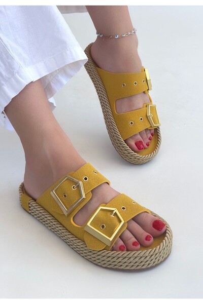 BEEMU Loera Yellow Nubuck Double Buckle Slippers