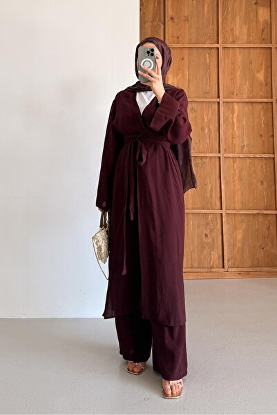 Rimel Moda مجموعة دين كيمونو باللون الأحمر الداكن