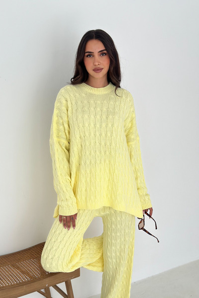 mielva Loose Yellow Knitted Patterned Knitwear Set Oversize Sweater and Wide Leg Pants