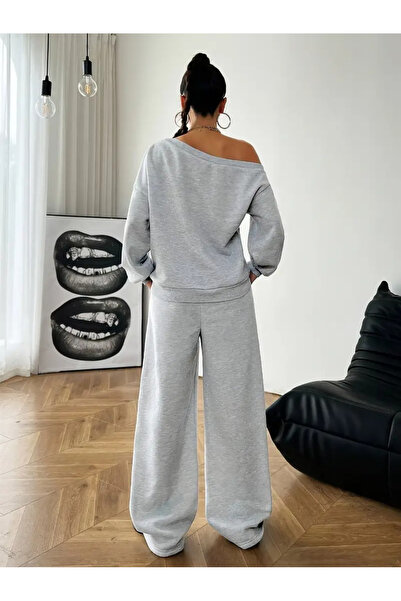 npLStore Women's Gray 10 Printed Boat Neck Sweatshirt White Waist Detailed Sweatpants Double Bottom Top Set