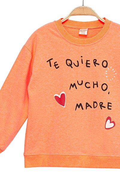 Divonette Girl's Heart Orange Sweatshirt with Text Print, Long Sleeve Crew Neck Sweatshirt