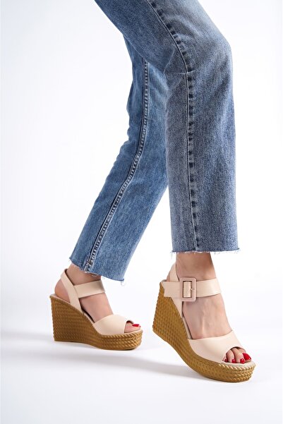 EBRUS TREND Jet-Perla Buckle Elastic Wedge Heeled Orthopedic Sole Straw Look Women's Sandals Ckt - Tan