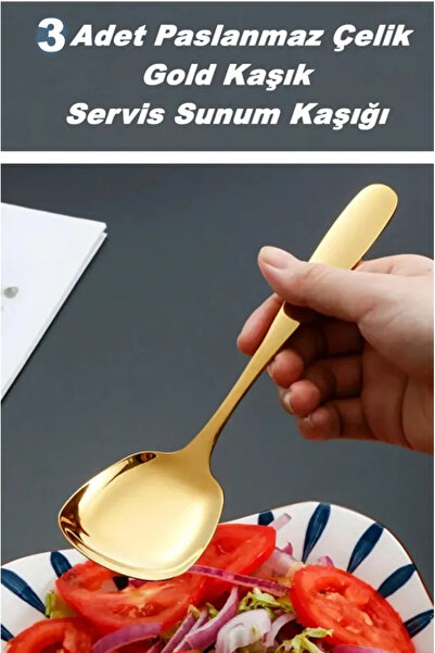 AYGÖREN HOME Pratik 3 ADET Paslanmaz Gold Çelik Lüx Servis Salata Kaşığı Spat...