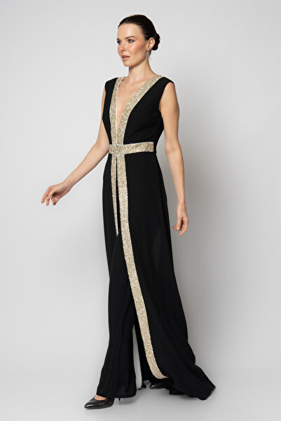 RENGIN Boydan taş boncuk şerit bantlı krep abiye tulum