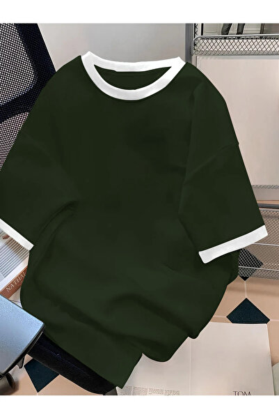 Cool mans Tricou unisex din bumbac oversize, culoare kaki, cu guler alb