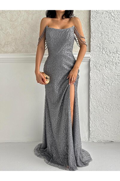 Serica Moda Gray Beaded Strapless Evening Dress with Sleeve Detail