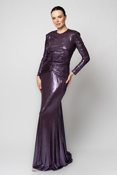 RENGIN Sırt dekolteli vatkalı uzun kollu örme abiye elbise