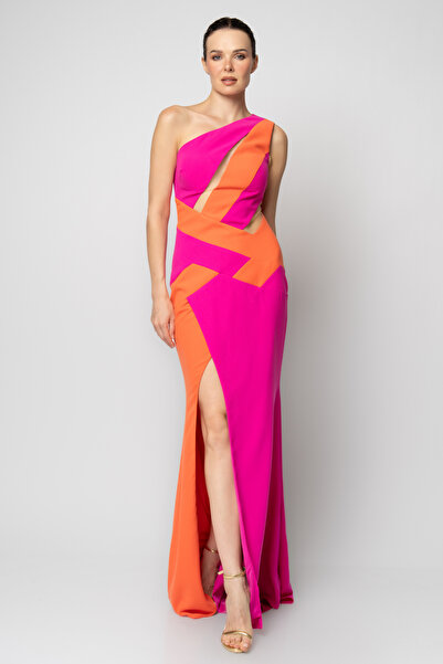 RENGIN Çift renk çapraz şerit bantlı önü tül kesikli krep abiye elbise