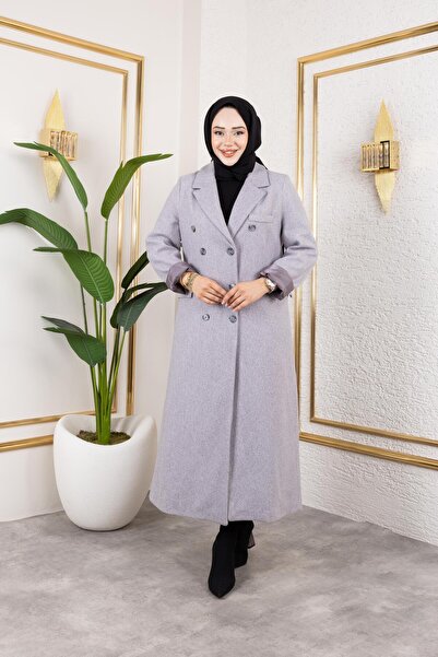 Hb Harma Time Butik Women's Lined Buttoned Pocket Long Gray Cashmere Coat