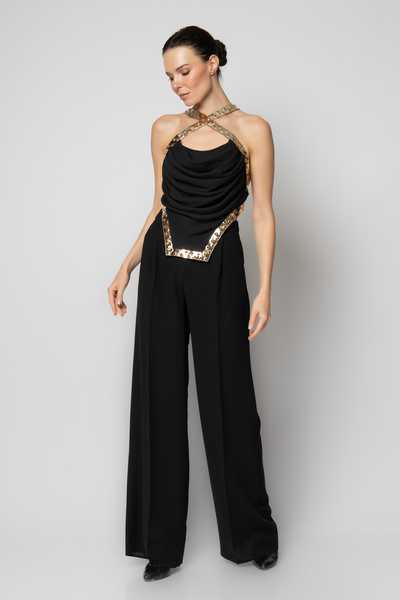 RENGIN Boynu ve sırtı çapraz rugan bantlı krep pantolonlu ikili abiye takım