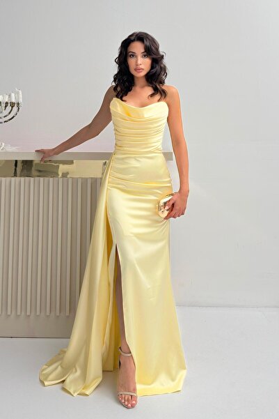 Serica Moda Sarı Straplez Drapeli Saten Abiye Elbise