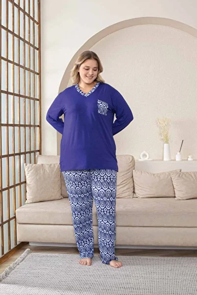 ALİMER Plus Size Women's Pajamas Set - Saks Blue V-Neck Long Sleeve Lycra Fabric 2824Uyb