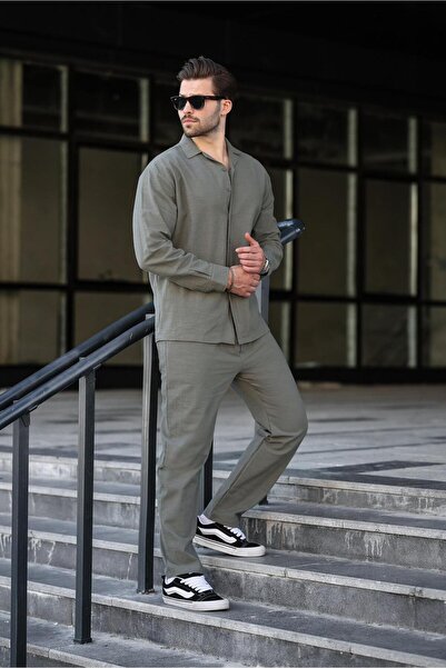 Madmext Khaki Relaxed Fit Men's Linen Shirt Pants Set E7327