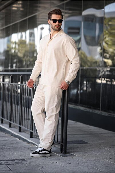 Madmext Beige Relaxed Fit Men's Linen Shirt Pants Set E7327