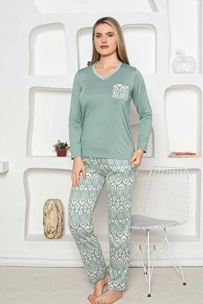 ALİMER Ethnic Patterned Women's Pajamas Set - Green Long Sleeve Milan Fabric 2824Uy