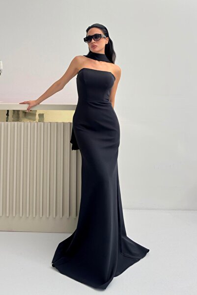 Serica Moda Siyah Şal Yaka Detaylı Straplez Abiye Elbise