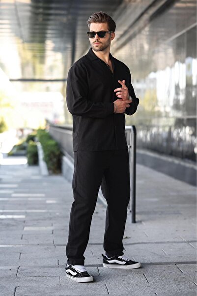 Madmext Black Relaxed Fit Men's Linen Shirt Pants Set E7327