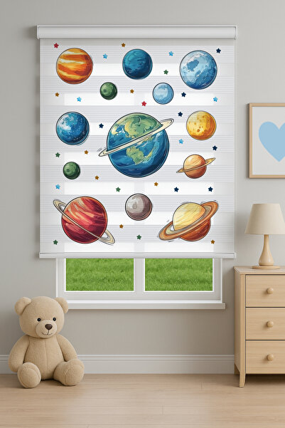 Home Renkli Gezegenler ve Uzay Temalı Desenli Zebra Stor Perde - Erkek Çocuk ...