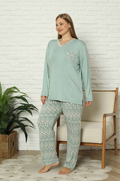 ALİMER Plus Size Women's Pajamas Set - Green V-Neck Long Sleeve Lycra Fabric 2824Uyb