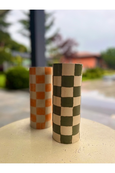 Me Gusta Home Stoneware Damalı Uzun Vazo