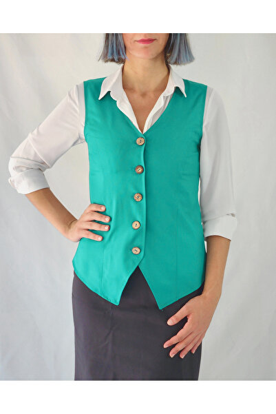 YAXİ V Neck Green Woven Vest Without Lining