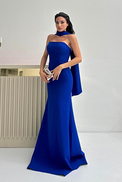 Serica Moda Saks Blue Shawl Collar Detailed Strapless Evening Dress