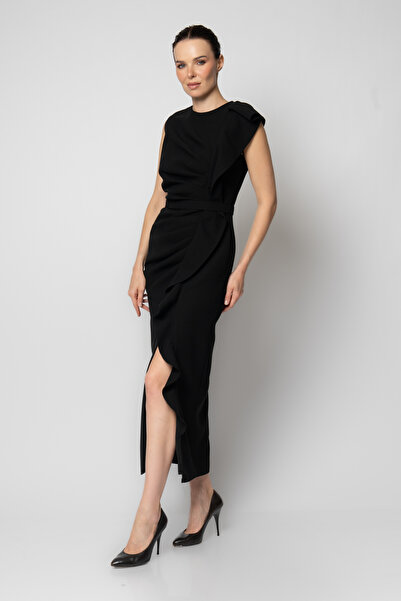 RENGIN Omuzdan etek ucuna volanlı kat kat pileli krep abiye elbise