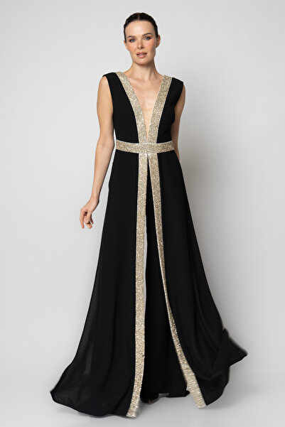 RENGIN Boydan taş boncuk şerit bantlı krep abiye tulum