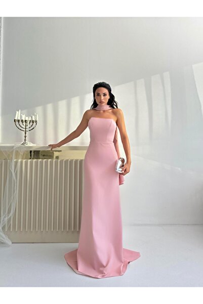 Serica Moda Βραδινό φόρεμα στράπλες με λεπτομέρεια σε σχήμα σάλι σε πούδρα