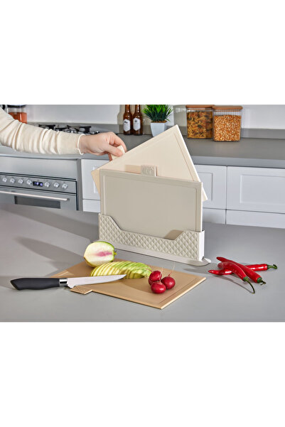 Cazoria Σετ Επίπεδης Επιφάνειας Κοπής με Βάση και Φορητή (4 Τεμάχια) - Μπεζ