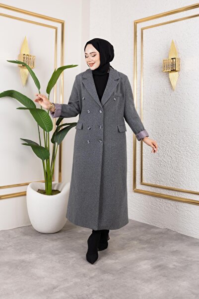 Hb Harma Time Butik Women's Lined Buttoned Pocket Long Anthracite Cashmere Coat
