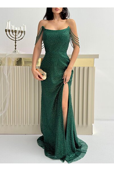 Serica Moda Βραδινό φόρεμα στράπλες με λεπτομέρεια από σμαραγδένια χάντρες στα μανίκια