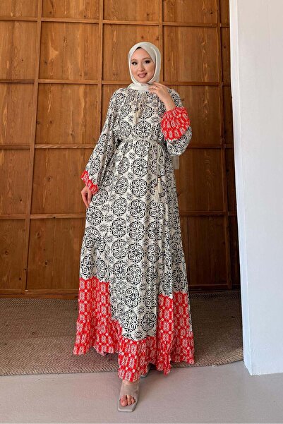 Rimel Moda Dama Desenli Elbise Turuncu