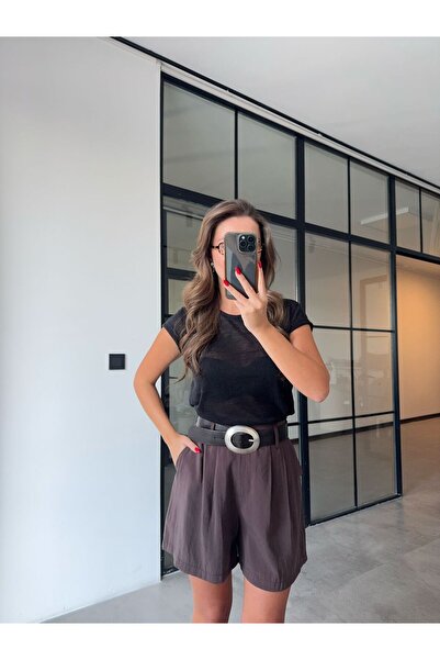 BB Bensu Buyruk KISA KOL BASİC KETEN SİYAH T-SHİRT