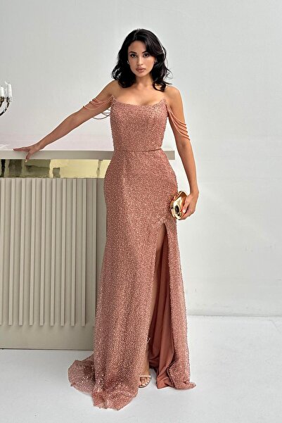 Serica Moda Rochie de seară fără bretele cu mâneci brodate cu mărgele pudră