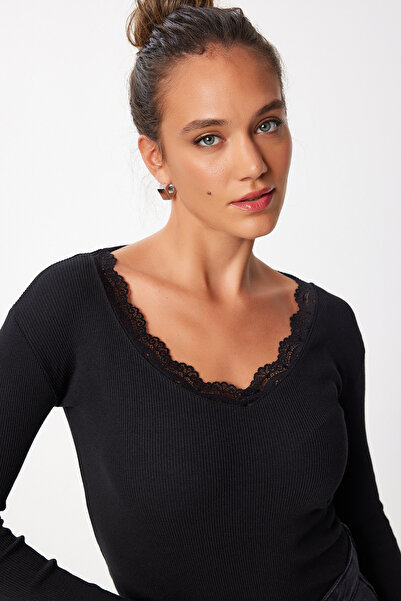 Lovelyİstanbul Lace Detailed Ribbed Knitted Blouse Len0031 Black