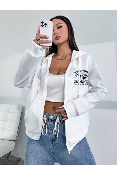 OVER HEAD Women's White Advanture Printed Hooded Cardigan Jacket