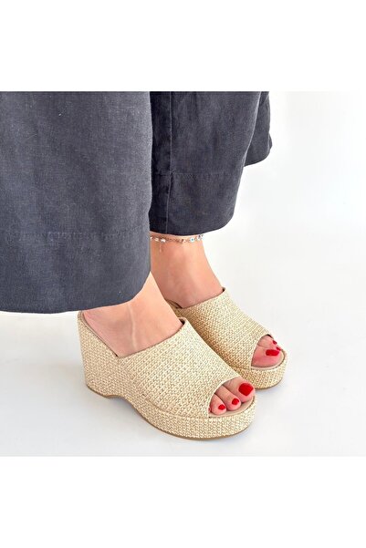 Erbilden Tlay Beige Straw Woven Wedge Heel Slippers
