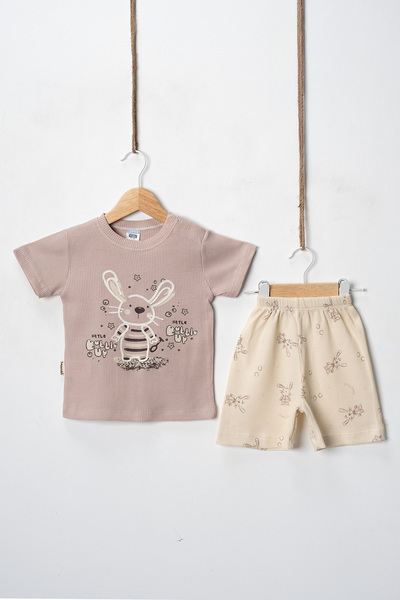 Hoppidik Baby Unisex 100% Cotton Waffle Fabric Summer T-Shirt and Shorts Set - 9 - 12 - 18 Months