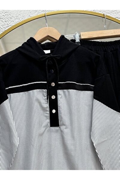 BENAHOLL Lamoria Çıtçıt Detail Line συνδυασμός υφασμάτων Σετ παντελόνι-NA3414 Μαύρο