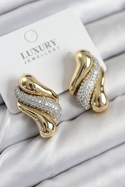 Skygo Brass Zircon Stone Curved Model Gold Color Women's Earrings - Tj-Bkp11210