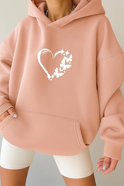 E-ROMA Hanorac unisex cu glugă, din bumbac pieptănat, cu 3 fire, cu inimă