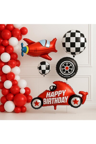 Bkmc مجموعة زينة لحفلات أعياد الميلاد لعشاق السباقات، تتضمن سيارة سباق، طائرة، عجلات، بالونات حمراء وبيضاء